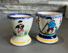 2 Egg Cups Holders French Pottery Faiencerie De Pornic Breton Quimper Folk Style