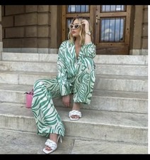 Wonderful ZARA Green Zebra Print Silky Pyjama Pants & Shirt Co-ord SET Trousers