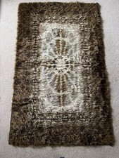 Vintage Retro Mid-Century 1970s/1960s Brown Cream Rug Carpet Shag Pile 157x94cm