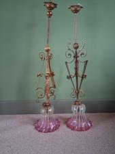 Stunning Ornate Antique Brass Light with Frilly Fluted Pink Vaseline Glass Shade