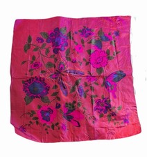 100% Silk Scarf Large Handmade Thai Foral Magenta Pink Raw Silk 88×92cm  NWOT