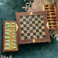 Vintage 70’s Chinese Resin “Jade”Soapstone” Chess Set Folding Wooden Case Drawer