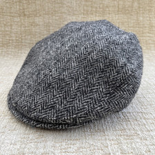 Harris Tweed Flat Cap Grey Herringbone Wool Hat Lined Hand Woven Fabric 55 cm