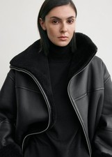 Women's Shearling Black Sheepskin Leather Jacket Fur Coat Oversized Winter Warm