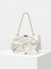 Cream Women Bow Satin Clutch