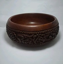 *CARVED WOOD BOWL* Large Chunky Wooden Bowl Floral Carving Sides Vintage Rustic