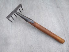 Hand Rake - Short handled rake - vintage garden tool.  Small head. Wood handle.