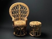 Wicker basket peacock chair set stool seat armchair fit 12" fashion doll 1:6