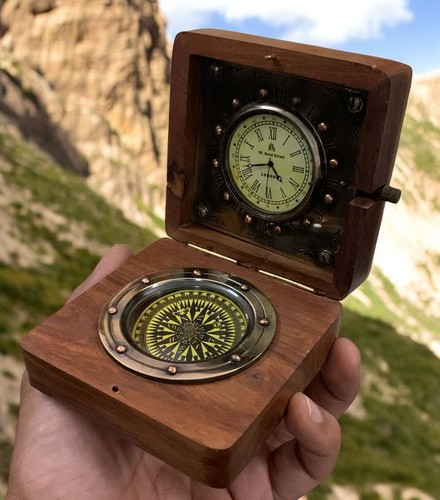 Compass brass nautical clock - compass,