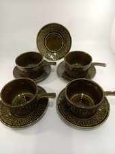 Staffordshire Tams ware olive green handled soup bowls x 4 + plates x5 vintage