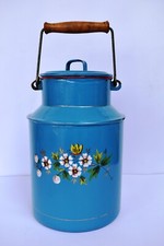 Vintage Enamelware Milk Can Pail With Lid Red Rim Blue Floral with Handle "F24