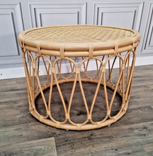 Vintage Coffee Side Table - Bamboo & Rattan Round Boho Woven Top – Mid Century