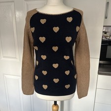 Next Love Heart 10% Wool Knit Jumper Brown Blue Ladies Size 8