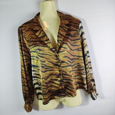 Topshop Ladies Tiger Print Satin Shirt Size 6 in Brown Mix, Collared Long Sleeve