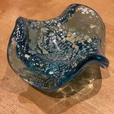 Vintage Murano Art Glass Ash Tray or Bowl,Blue/Green with Gold & Silver Flecks. 