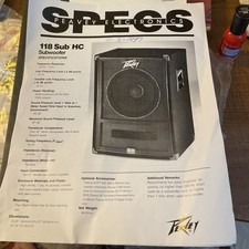 Peavey Electronics Specs 118 Sub HC Subwoofer Specifications Owner's Manual 1994