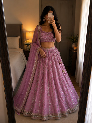 Pink mirror work lehenga - work, choli