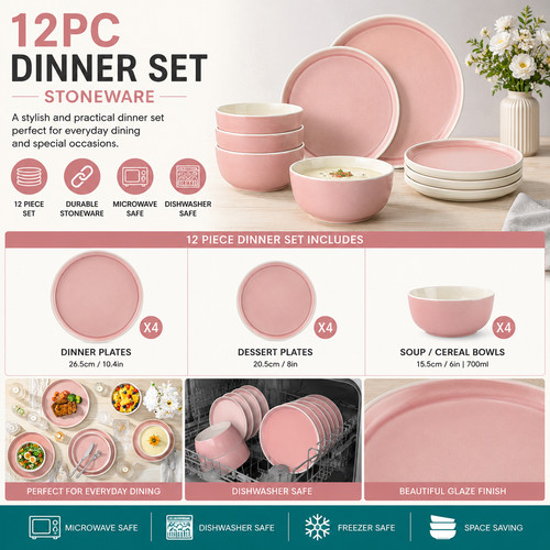 Piece pink stoneware dinner - 12,