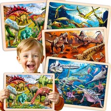 QUOKKA Wooden Jigsaw Dino Puzzles 4 x 36 Pieces Wood Insert Frames Carry Bag