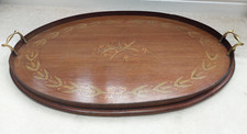 Antique Edwardian inlaid serving drinks tray, oval, brass handles, leaf inlay