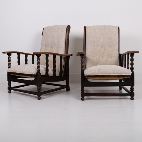 Pair antique reclining oak - reclining,