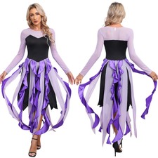 UK Womens Sea Witch Mermaid Cosplay Costume Sheer Long Sleeve Gothic Dress Party