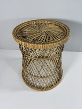 Vintage Wicker Plant Stand Small Side Table Paper Bin Basket Boho Rattan Vintage