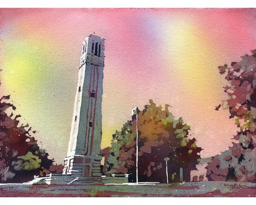 Ncsu bell tower - bell-tower, watercolor