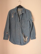 Topshop women's size 10 distressed frayed blue denim shirt