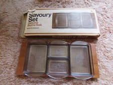 VINTAGE MCM DANISH BURMA TEAK WOODEN 'SAVOURY SET' NIBBLES SERVING DISHES BOXED