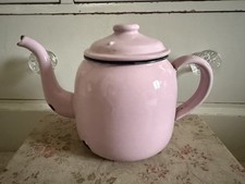 Vintage French Pastel Pink Enamel Teapot Kitchenalia