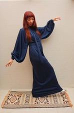 Vintage Navy Dramatic Flared Bishop Sleeve Jean Varon Maxi Dress 8 10