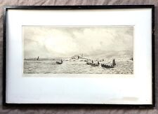 Signed William Lionel Wyllie drypoint etching fishing boats off coast