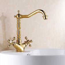 Polished Gold Brass Bathroom Sink Taps Double Cross Handle Swivel Basin Mixer NE