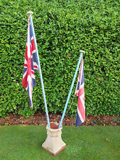 2 Vintage printed Union Jack flags on wooden flagpoles beach hut nautical