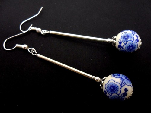 Pair long dangly blue white - a,