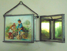 ANTIQUE FRENCH ART DECO TRI FOLD VANITY TRAVEL BOUDOIR MIRROR w PAINTED SCENES