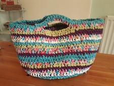Large Upcycled Handmade Amish Knot Rag Rug Basket with handles - multicolour
