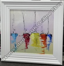 Multicolour sailing boats wall art pictures with liquid art & white step frame