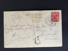 GB 1922 1d/763 TO PAY MARK + FISHGUARD DOUBLE RING PMK ON POSTCARD