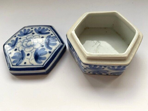 Blue white glazed hexagon - white,
