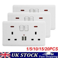 5x 3x Double Wall Plug Socket 2 Gang 13A 2 Charger USB Ports Outlets Flat Plate