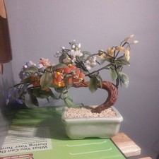 Hand Carved Japanese Agate Jade Stone Glass Bonsai 6" MULTICOLOR Mineral Tree