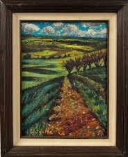 Antique Abstract Oil Painting Of Fields , Oil On Canvas , Signed