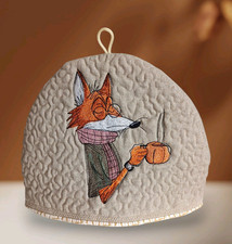 Handmade Embroidered Fox Tea Cosy,  Large Linen Teapot Cover