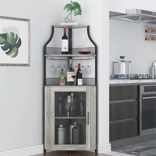 Grey Corner Wine Bar Cabinet, Adjustable Shelves Home Bar Unit with Glass Holder