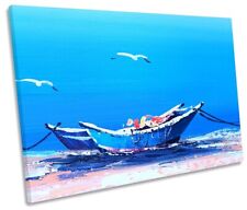 Fishing Boats Seascape Picture CANVAS WALL ART Print Blue
