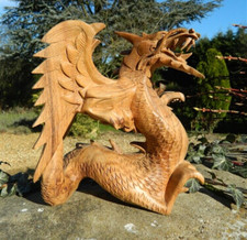 Wooden Standing Dragon Carving - Hand Carved Wing Back Dragon 20cm