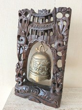 Oriental Temple Bell in a Carved Wooden Frame with Dragon Theme 16.5 Inches