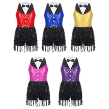 Kids Girls Latin Jazz Dance Costume Fringe Samba Dress Sequins Tassel Leotard